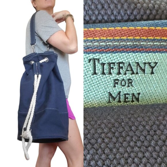 TIFFANY & CO VTG Oversize Sailor Nautical Navy Blue‎ Canvas Bucket Duffle Bag - Picture 3 of 9